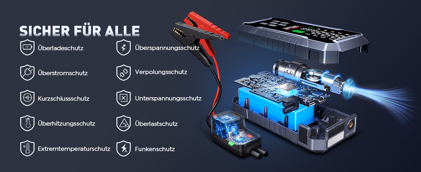 Портативний пусковий пристрій ANFLAG 7000A з компресором та LED-ліхтариком, 26800mAh, для бензинових та дизельних двигунів (до 12.0L)