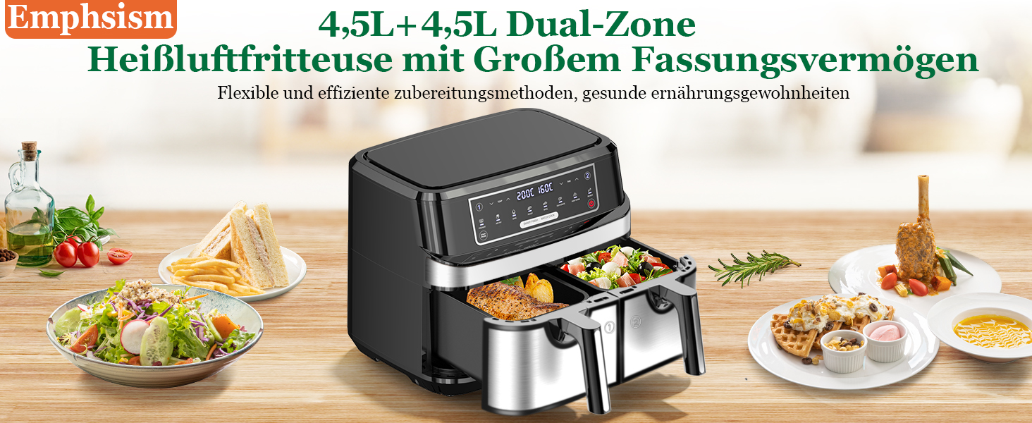 Фритюрниця повітряна з 2 камерами на 9 літрів | Air Fryer з двома відсіками по 4,5 л, 2600 Вт, 8-в-1, сенсорне керування, функція Smart Finish, незалежний контроль температури та часу (срібна)