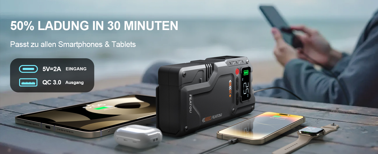 Powerbank для автомобіля Starthilfe з компресором 150PSI, 6000A, 12V, для бензинових та дизельних авто (до 10л), QC3.0, LCD, ліхтарик