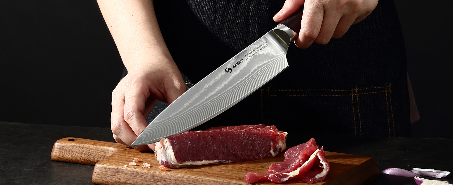 Набір кухонних ножів Sanhui Damast: 3 ножі з дамаської сталі з ручками з паккавуда. Професійний набір ножів у подарунковій коробці - ідеальний для професійних та аматорських кухарів.