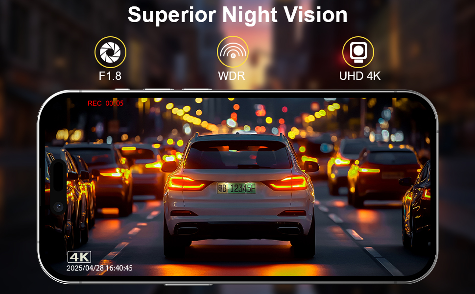 Відеореєстратор для авто 4K + 1080P з WiFi, нічною зйомкою та паркуванням, 64GB карта в комплекті