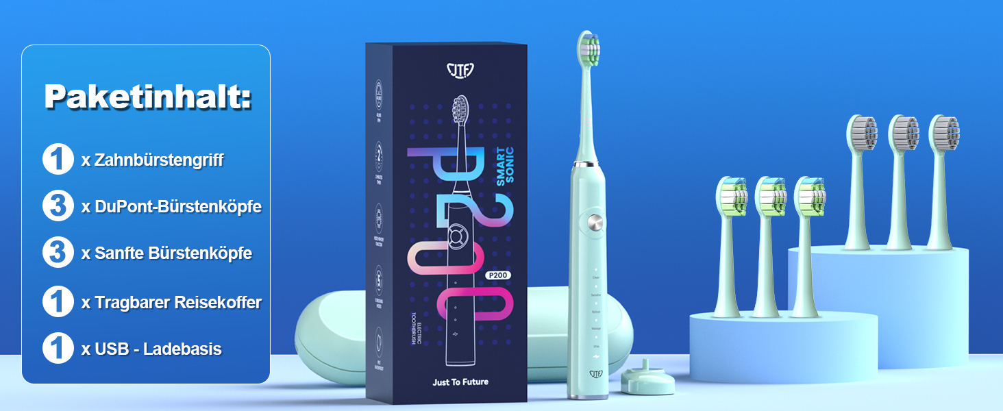 Електрична звукова зубна щітка JTF з 6 насадками 40000 VPM, 5 режимів, IPX7, таймер 2 хв, зелена