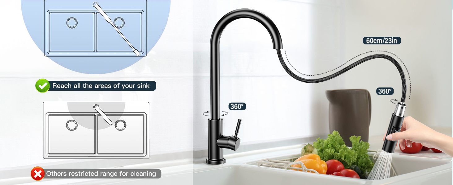 Чорний кухонний змішувач з висувною лійкою, 360° поворот, нержавіюча сталь, гаряча/холодна вода, G3/8'', 2 режими струменя