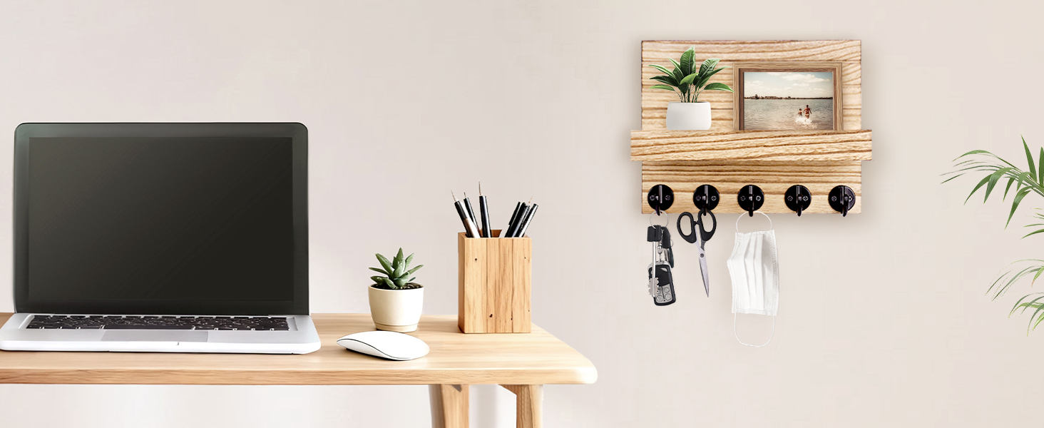 Дерев'яне ключниця з полицею на стіну, декоративне настінне кріплення для ключів, 5 гачків, для прихожої, спальні, вітальні (колір дерева)