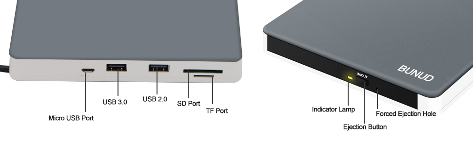 Зовнішній CD/DVD привід BUNUD USB 3.0 та Type-C, портативний DVD-брунер з картридером SD/TF та 2 USB-портами для ноутбука, PC, iMac, Windows та macOS, сіро-білий
