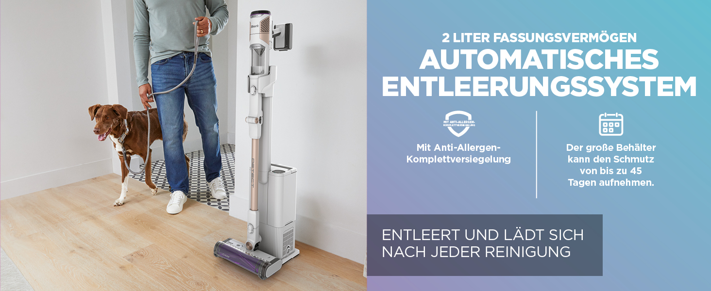 Пылесос Shark Clean & Empty: аккумуляторный, самоочищающийся, для шерсти животных, ковров и твердых полов, с LED-подсветкой, тихий, белый/синий, BU3521EU Detect Clean & Empty