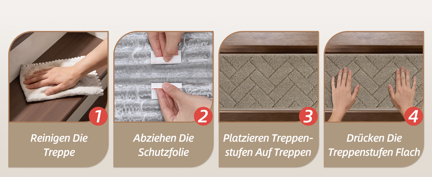 Килимки на сходи BEQHAUSE, 4 шт, 22x70 см, бежеві, антиковзкі, для дітей та літніх людей, машинне прання, TPE основа