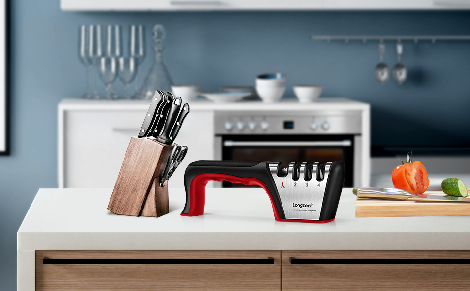 Точилка для ножів Longzon 4-в-1, професійна, з захисними рукавичками, для ножів та ножиць різних розмірів, червона