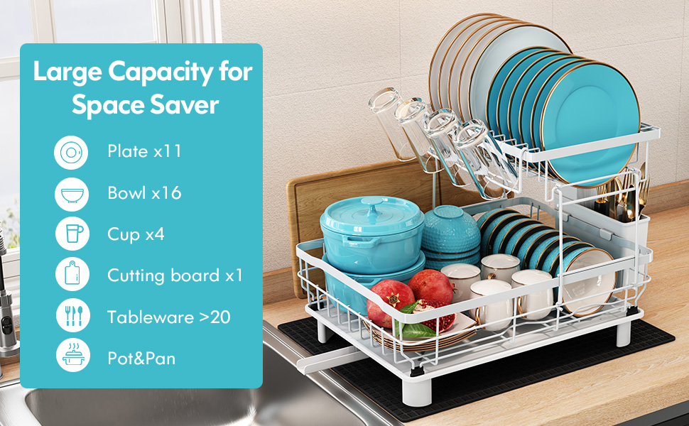 Сушарка для посуду MAJALiS 2-ярусна з піддоном та килимком, з тримачем для кухонного приладдя, чорна, нержавіюча сталь