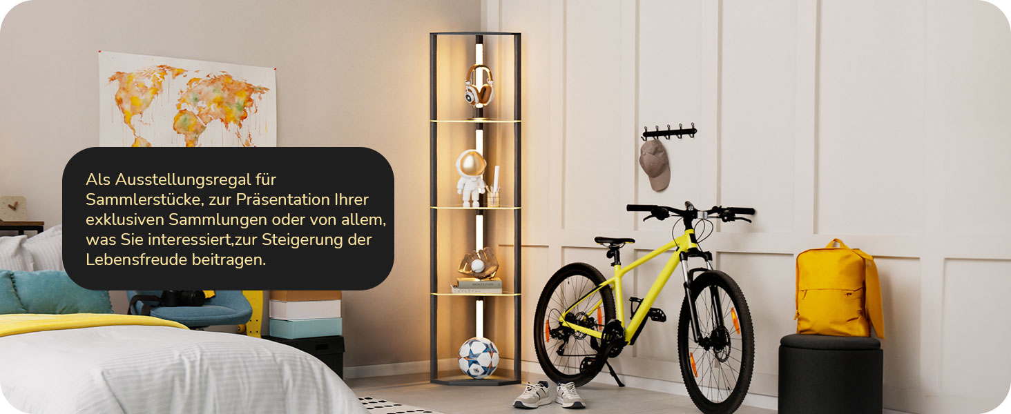 Стійка лампа EDISHINE з 4 полицями з дерева, LED диммер, 3 колірні температури, поворотний світловий маніпулятор, підсвічування полиць, футовий вимикач (чорний+скло)