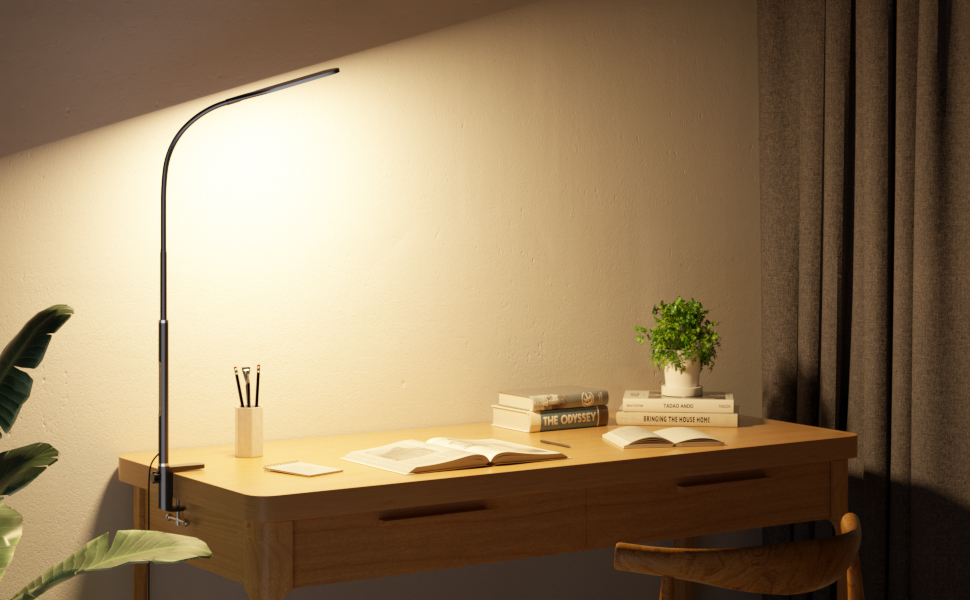 LED лампа для столу з кріпленням, регульоване затемнення, архітектурна лампа, лампа для офісу з регульованим кріпленням, пульт дистанційного керування, 4 колірні температури, чорний