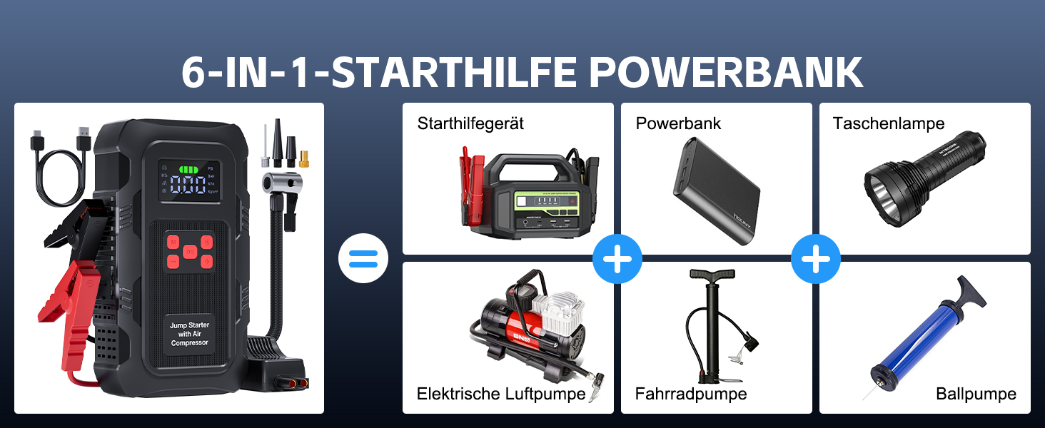 Пусковий пристрій Povasee Jump Starter 9000A з компресором 150 PSI та павербанком, автомобільний бустер 12V для бензинових та дизельних авто, з ліхтарем (Чорно-червоний)