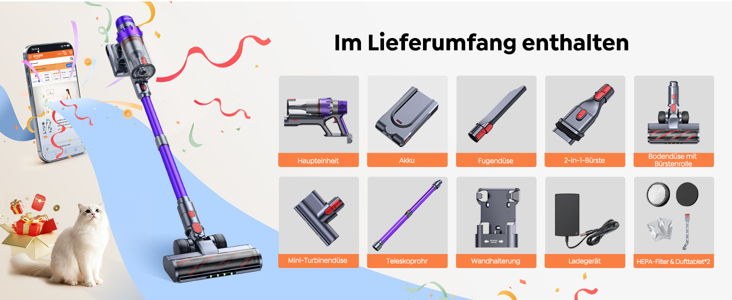 SMOTURE Бездротовий акумуляторний пилосос 50 000 Па, 65 хв роботи, міні-турбонасадка, самостійна парковка, антизаплутана щітка, док-станція на стіні, для шерсті тварин/килимів/твердих поверхонь/автомобіля, модель: VAC02, темно-фіолетовий