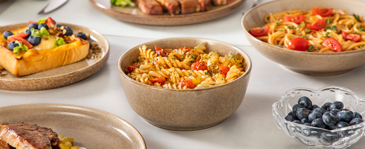 Набір посуду Steingut vancasso ANYA (48 предметів) - 48-місний сервіз з тарілок, десертних тарілок та мисок, карамелевого кольору, сумісний з мийкою та мікрохвильовою піччю