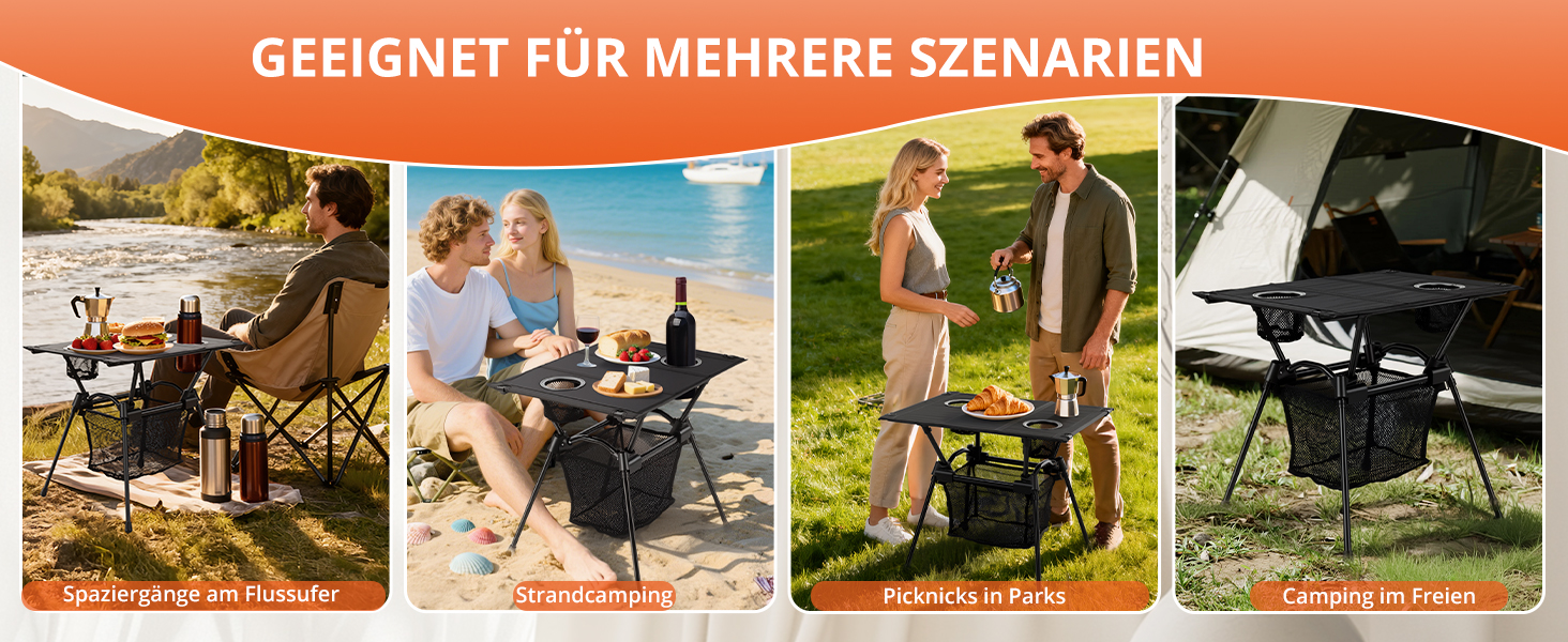 FUNYKICH Складаний туристичний стіл для кемпінгу 82 x 40 см, регулювання висоти (44/70 см), легка збірка, портативний стіл з сітчастою кишенею, алюмінієва розкладна стільниця для барбекю, кемпінгу, вечірки, саду (тканинна стільниця - 59 x 43 x 51 см)