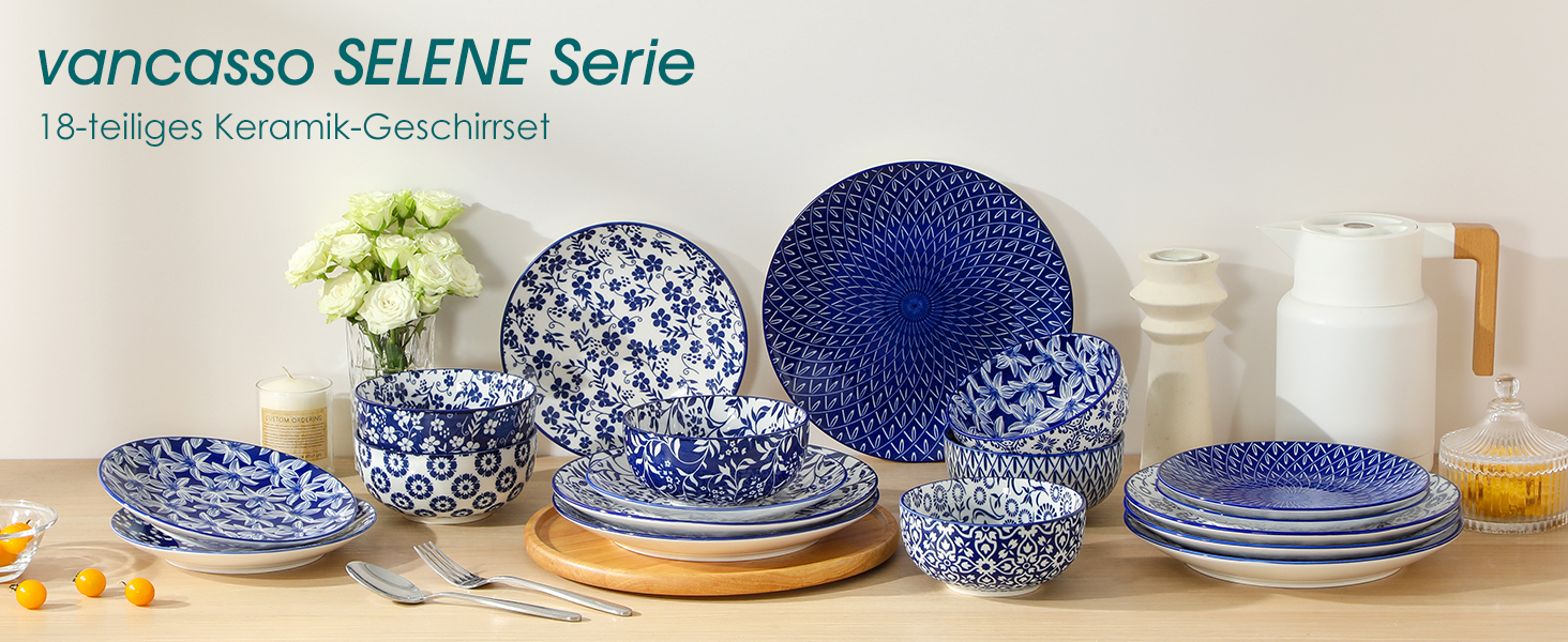 Набір посуду на 6 осіб Vancasso Selene 24-частинний: тарілки, супові тарілки, салатники, миски. Керамічний сервіз з порцеляни, блакитно-білий.