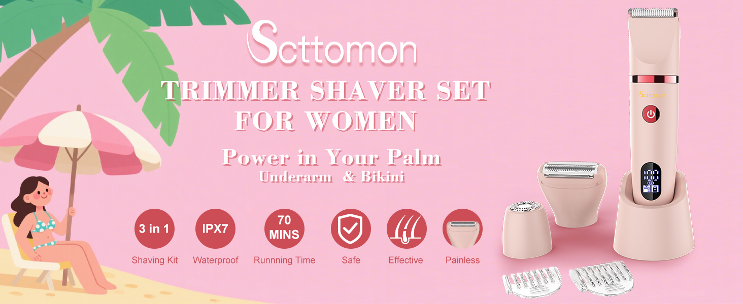 Електричний жіночий триммер 3-в-1 для обличчя, тіла та зони бікіні. Вологостійкий, з LCD-дисплеєм, рожевий