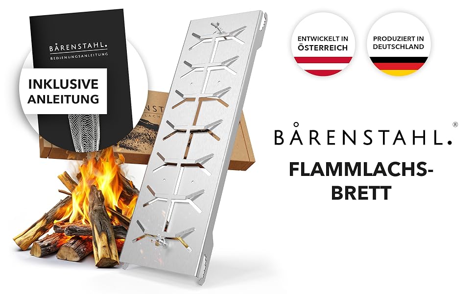 Bärenstahl Stainless Steel Salmon Grill Plank with Holder - Fireproof for Fire Pits & Charcoal Grills - Made in Germany