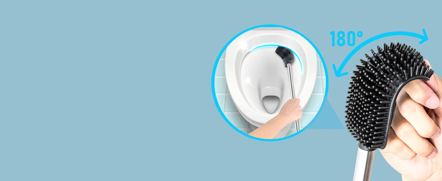 Силіконова щітка для унітазу 3-в-1 з тримачем та кріпленням на стіну, довга ручка з нержавіючої сталі, гігієнічна з ламелями та скребком - набір для ванної кімнати та гостьового туалету, нержавіюча сталь, срібло