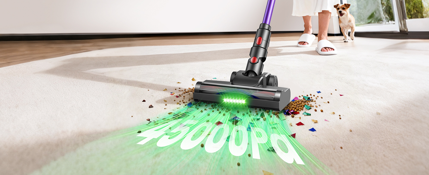 Бездротовий акумуляторний пилосос 45000 Па/580 Вт/70 хв, легкий, 6-в-1, з LED дисплеєм, станцією зарядки та насадкою проти спутання шерсті, для твердих поверхонь, килимів та шерсті тварин