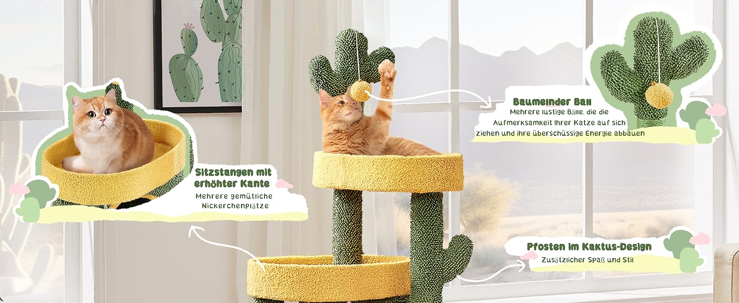 Дерево-кіготь для котів Yaheetech Kaktus, 123 см, оазис-тема, зелено-жовтий, для 2-3 котів, з 2 платформами та 2 печерами