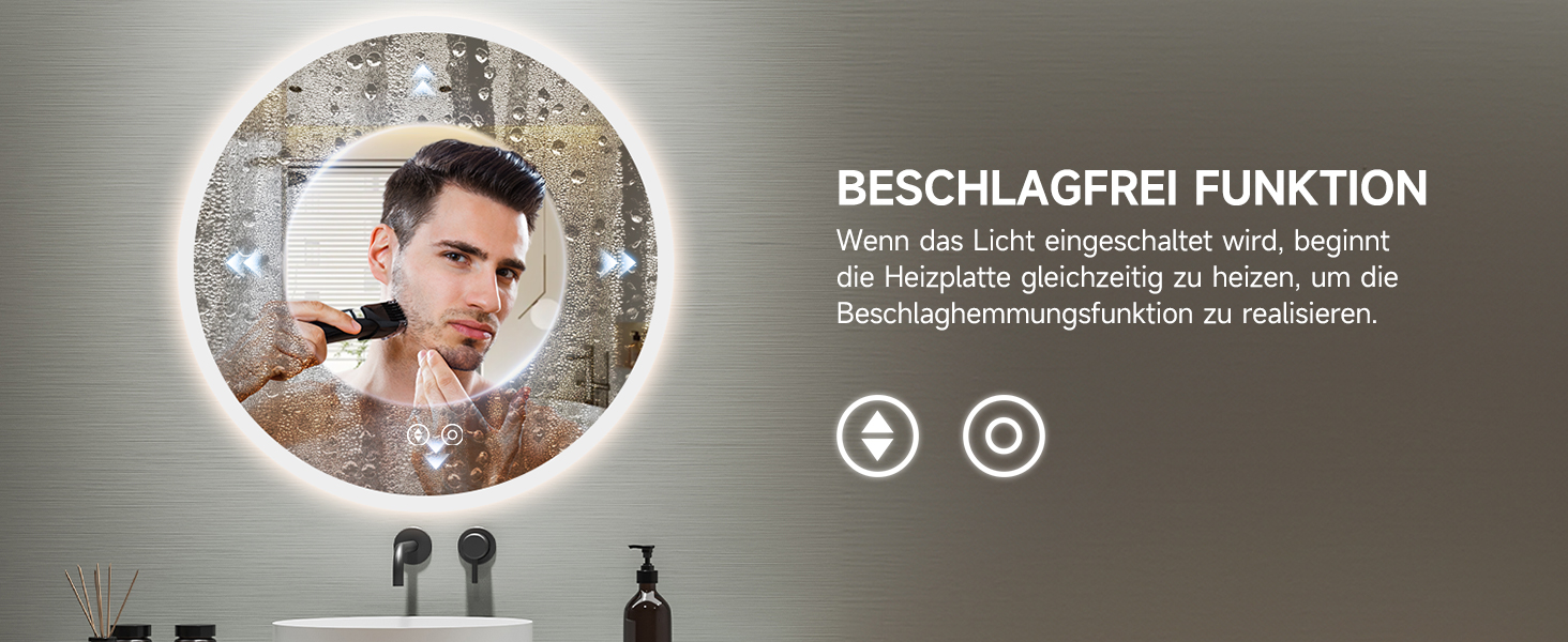 Дзеркало для ванної кімнати YOLEO круглої форми з підсвічуванням, 60 см, з сенсорним вимикачем, захисне скло, 3 кольори світла, регулювання яскравості, 6500K (70x70 см)