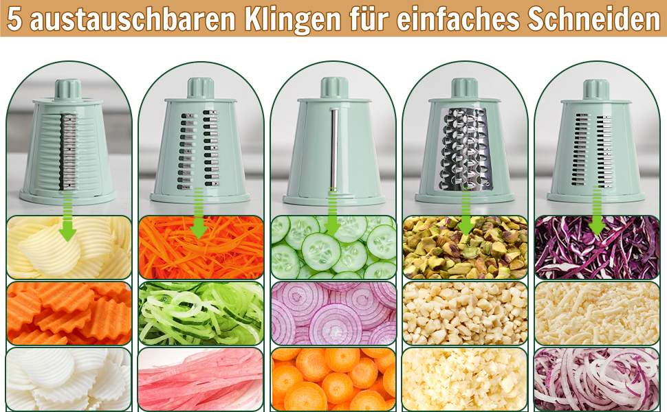 Ручна тертка для сиру та овочів з 5 зміненими лезами з нержавіючої сталі, кругла тертка з ручною рукояткою, харчовий подрібнювач для кухні, зелена коробка для зберігання
