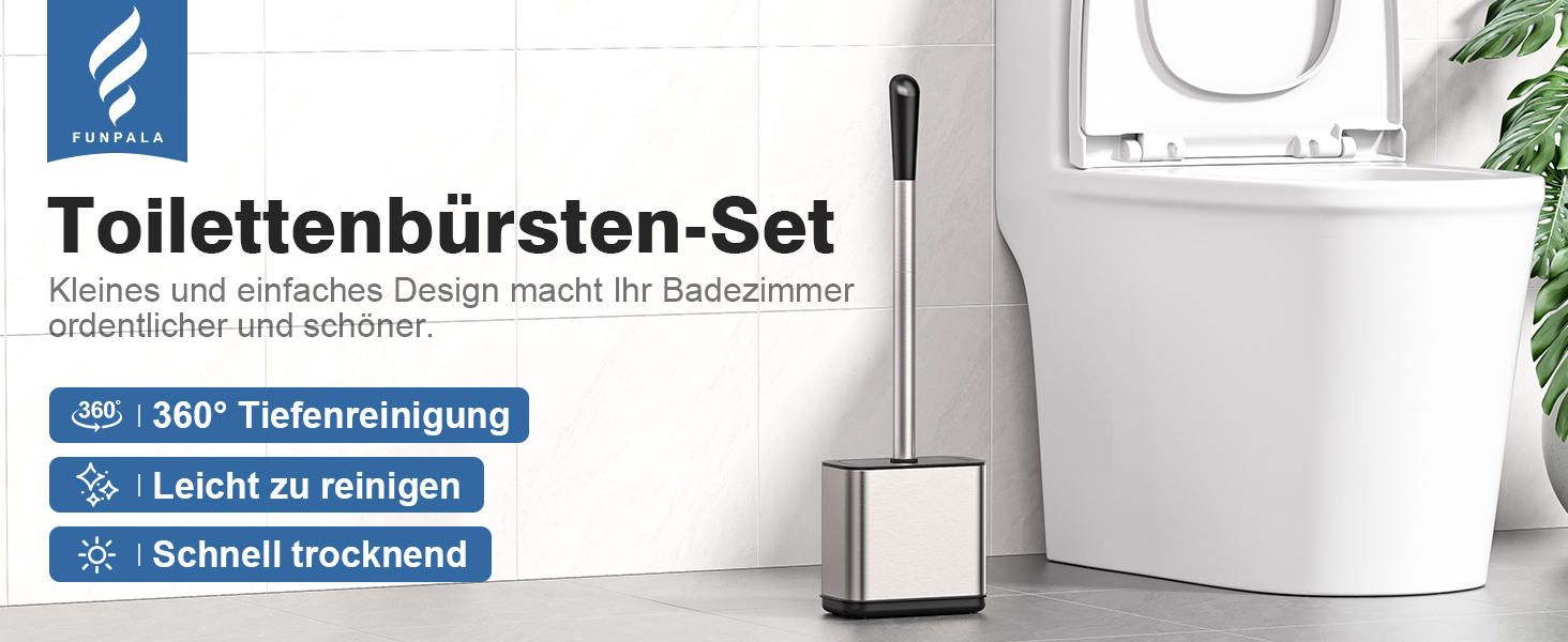 Набір для чищення унітазу FUNPALA з нержавіючої сталі та силікону, 2 насадки, тримач, сріблястий
