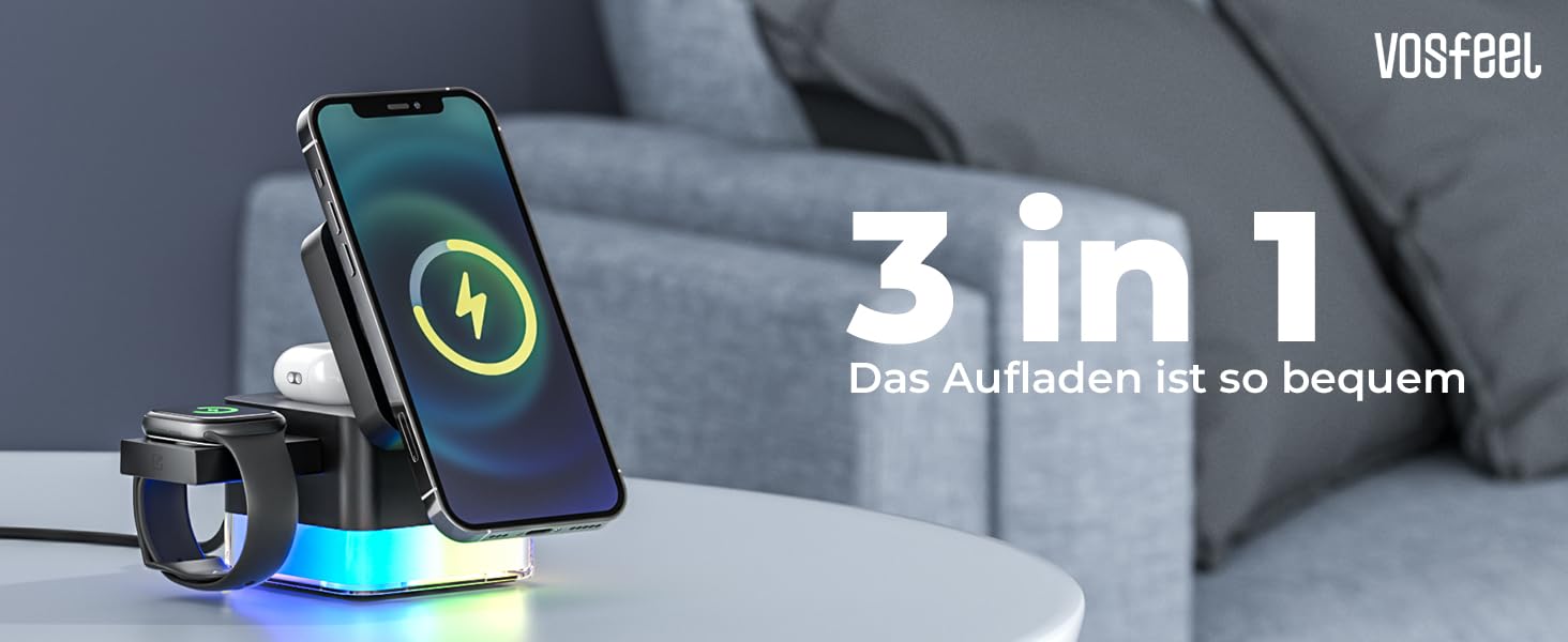 Зарядна станція 3-в-1 Apple Watch та iPhone, бездротовий зарядний пристрій для iPhone 16/15/14/13/12 Pro Max/Pro/Plus, Apple Watch, AirPods. З нічником сенсорним для спальні, вітальні, офісу 10.5*13.8*7.5см