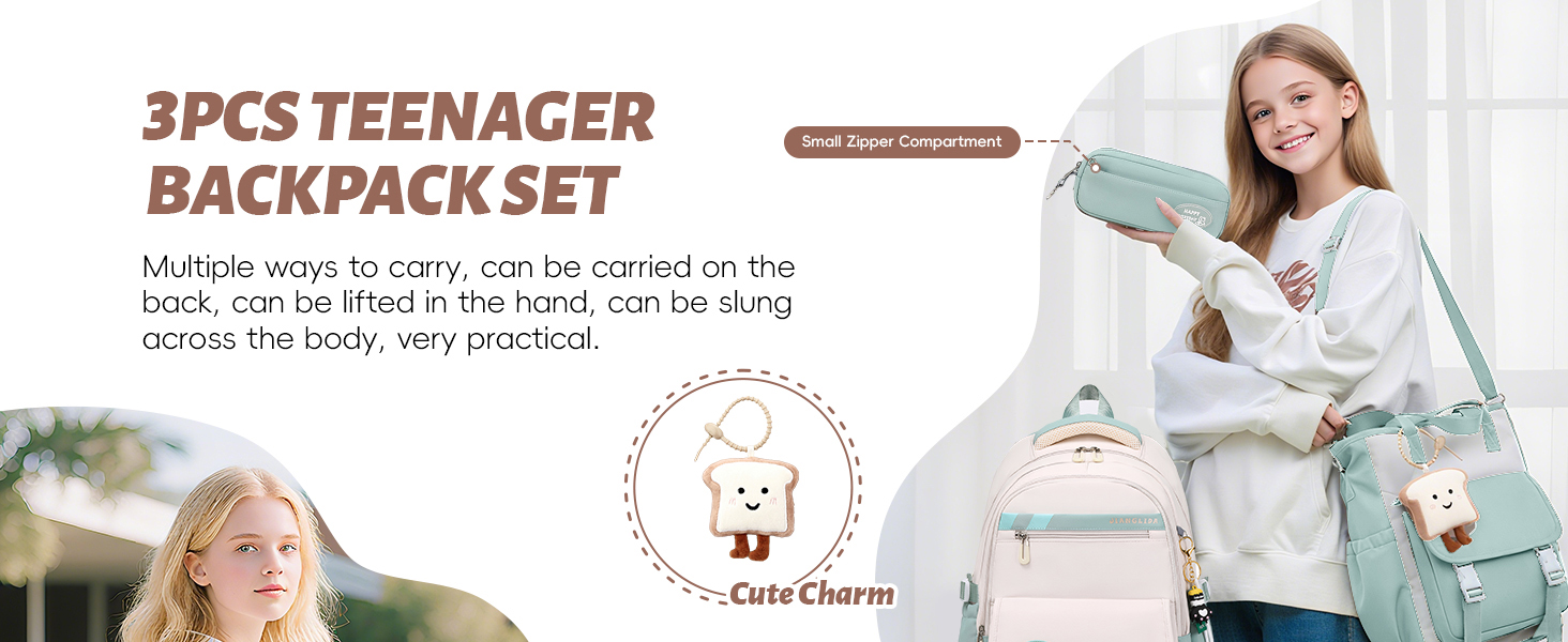 Шкільний рюкзак Tanou для дівчаток-підлітків: набір з рюкзаком, сумкою через плече та пеналом. Зелений шкільний рюкзак для дітей.