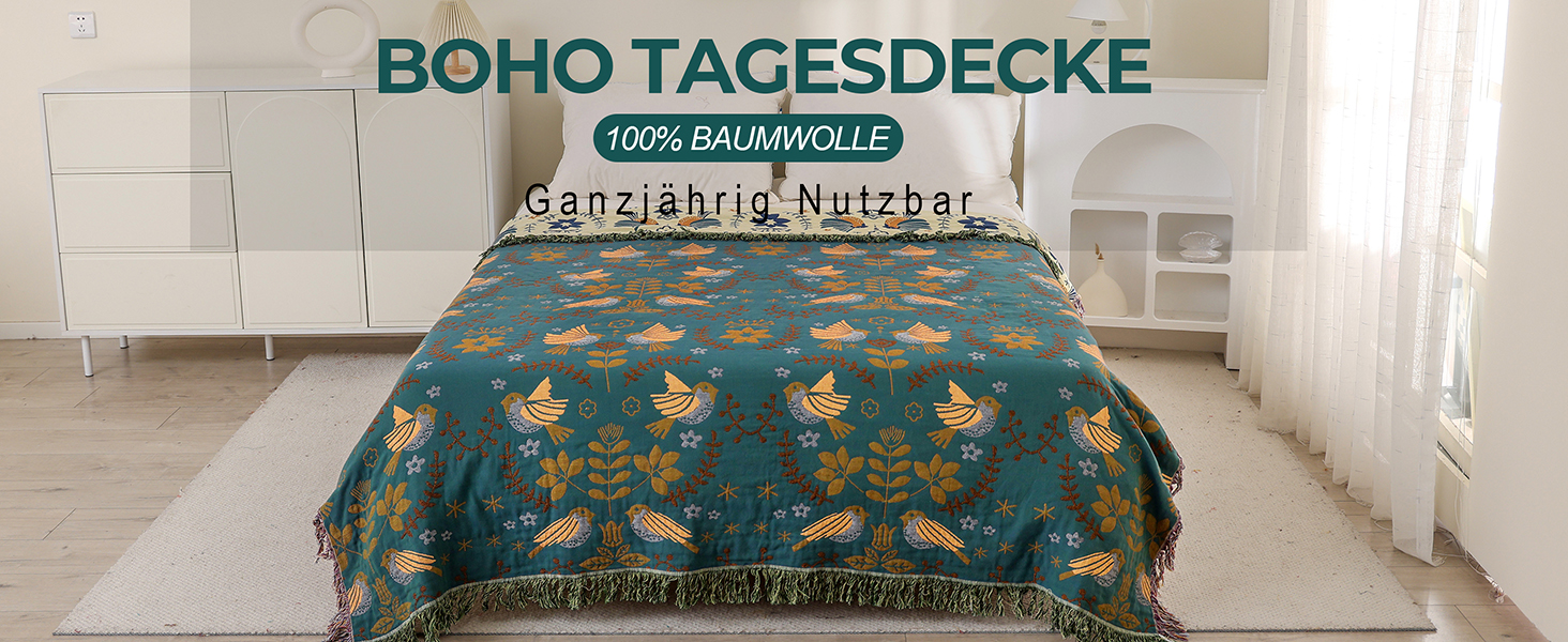 Двосторонній плед Boho 100% бавовна 200×230 см, мусліновий покривало для дивану, крісла та ліжка, м'який і затишний, синьо-бежевий