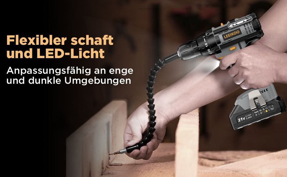 Акумуляторний шуруповерт LEEIKOO 21V з акумулятором 2.0Ah, 42N.m, 10мм патрон, 2 швидкості, 18+1 момент, LED, 20шт набору, сірий