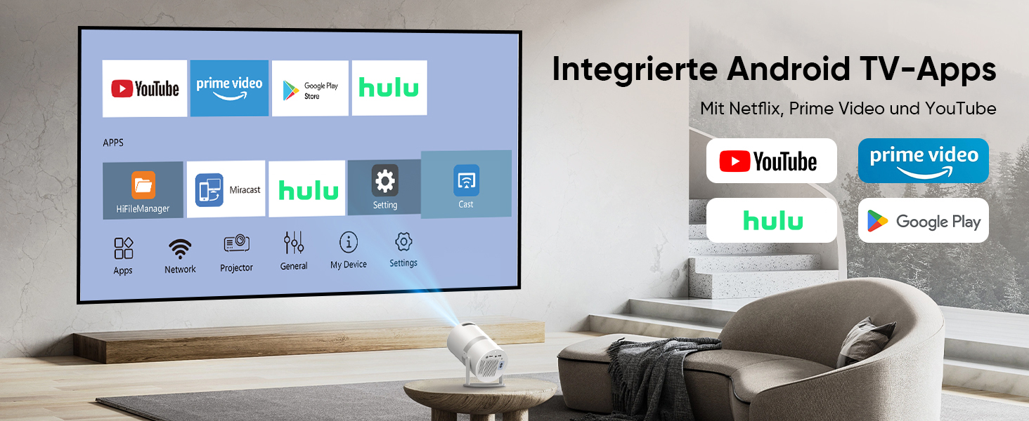 Міні проектор Beamer з автотрапецеїдною корекцією, Android OS, поворот 210°, WiFi 6, Bluetooth, 50% Zoom, Full HD 1080P для дому та на вулицю (сумісний з: смартфоном, Fire TV Stick, ноутбуком, HDMI, USB)