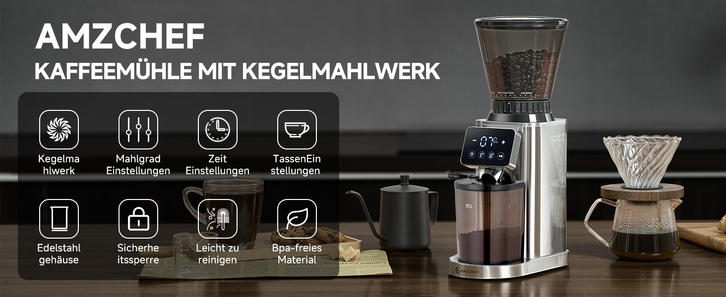 AMZCHEF Електрична кавомолка з регулюванням помелу для еспресо, drip, pour over, cold brew та French press | Срібна