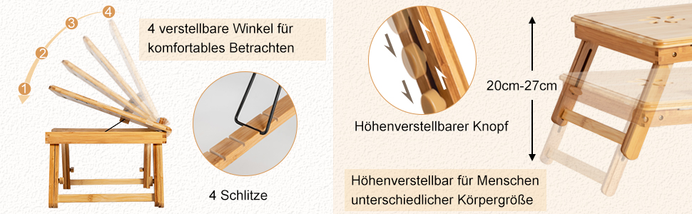Столик для ноутбука COSTWAY з бамбука, регульований по висоті та куту нахилу, з вентиляцією, з ящиком, складний, для роботи та відпочинку, 53 x 33 x 20-26,5 см (натуральний бамбук)