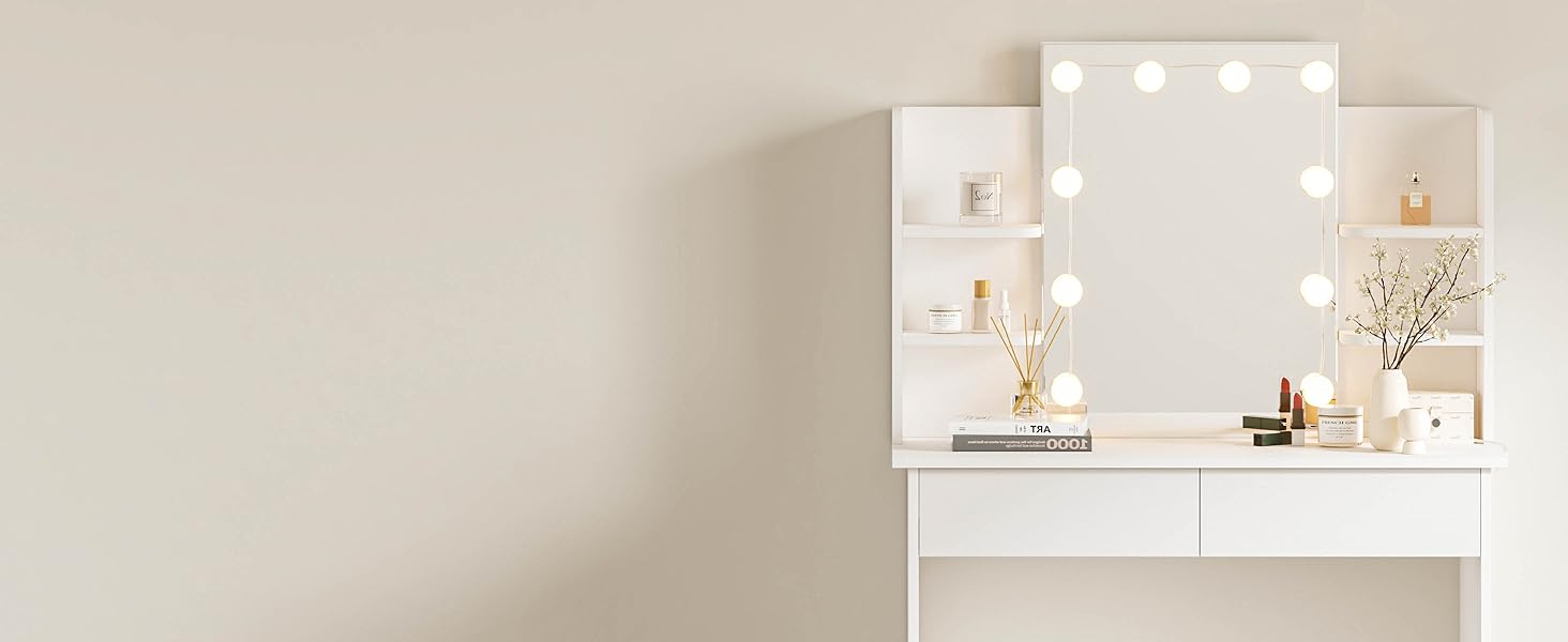 Туалетний столик WOLTU з LED-підсвіткою, дзеркалом, регульованою яскравістю, 2 USB-портами, 2 шухлядами та 4 відкритими полицями, білий, для спальні, модель MB6112ws (з лампочками)