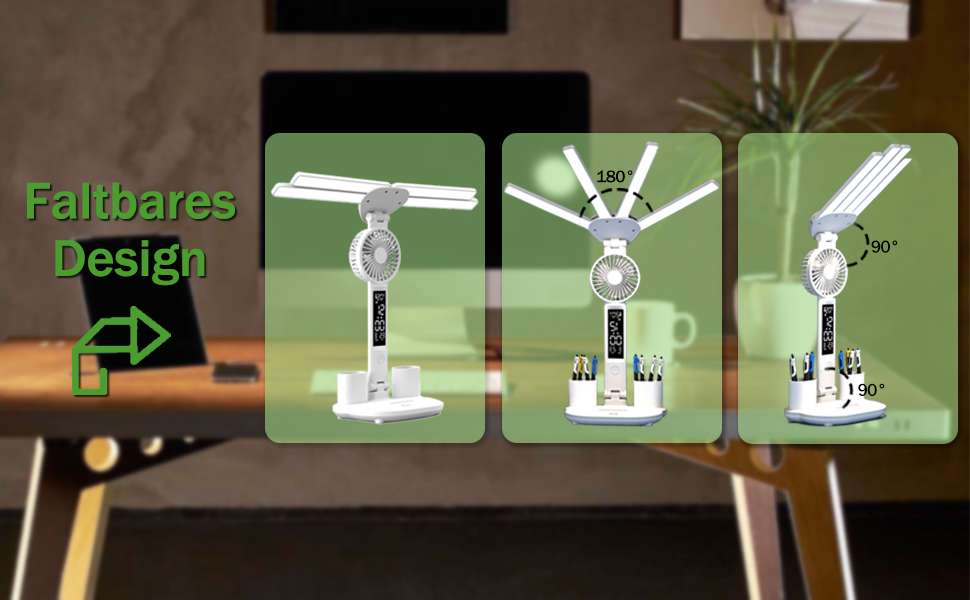 LED-лампа настільна з вентилятором для дітей WLHONG з годинником, тримачем для ручок, календарем та датчиком температури, 3 режими кольору, регульована яскравість, ідеальна для читання