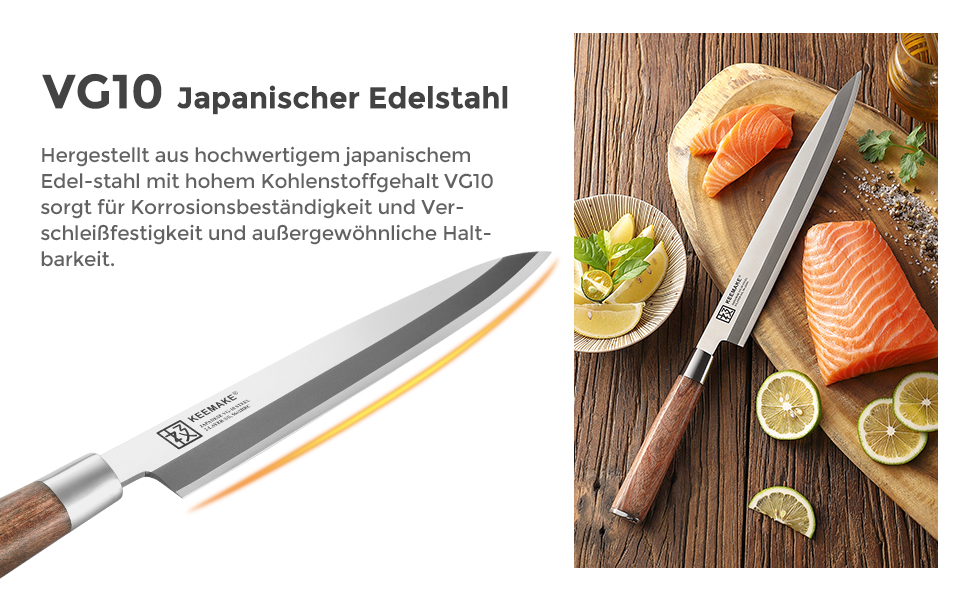 KEEMAKE Філейний ніж для риби та суші 30 см, японський Sashimi ніж з VG10 нержавіючої сталі, ручка з рожевого дерева