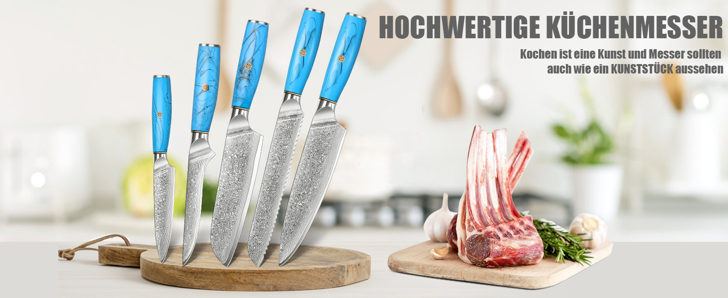 Ніж кухарський Kiritsuke з дамаської сталі, 18.8 см, VG-10, ергономічна ручка з натуральної смоли, подарункова коробка (блакитний)