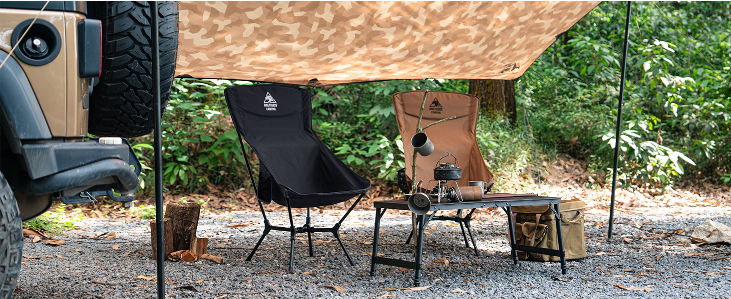 Кемпінговий стілець OneTigris OASISFLEX складний високий, вантажопідйомність 150 кг, чорний. Стілець для риболовлі, походу, відпочинку на природі з бічними кишенями