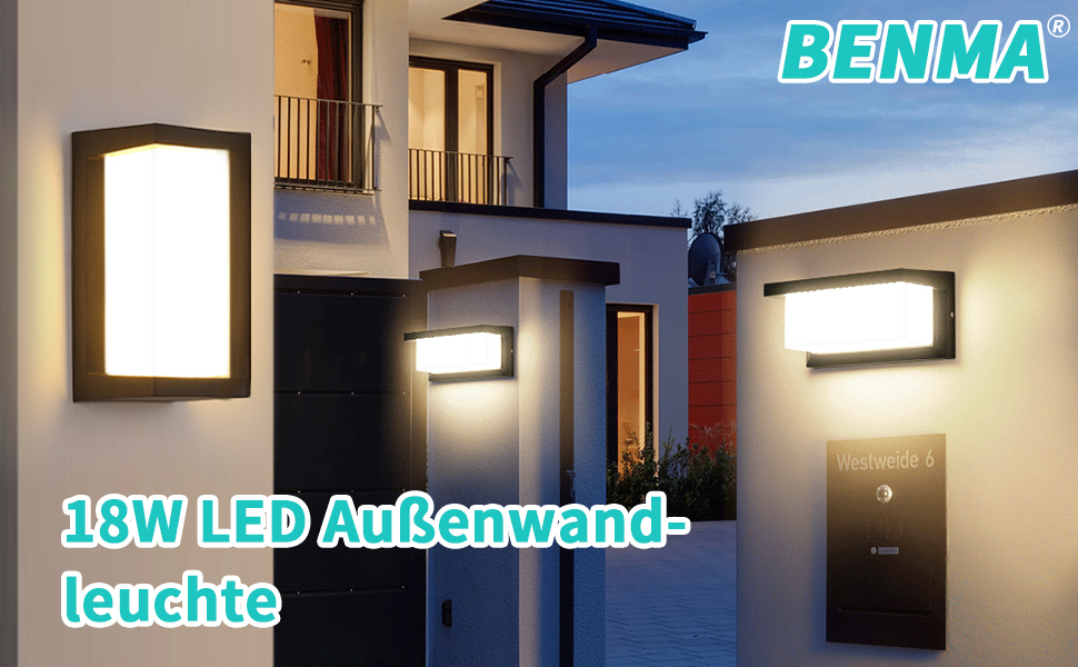 LED вуличний світильник BENMA 18W, IP65, тепле світло 3000K, алюміній, прямокутний | для саду, фасаду, гаража