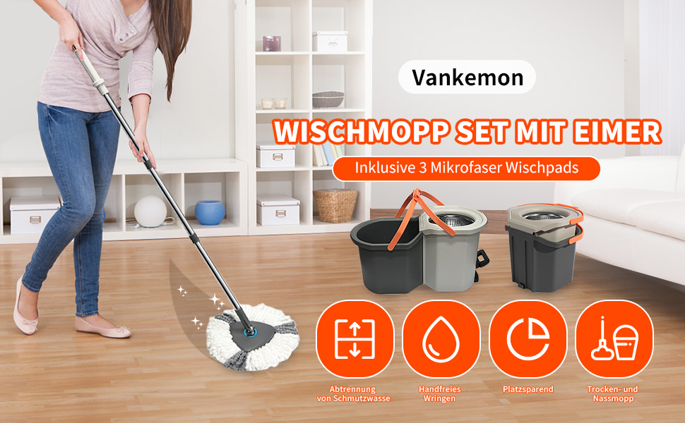 Набір для миття підлоги з відром, моп з функцією віджиму, відро з педальним механізмом та 2-камерним відсіком, повний набір з 3 мікрофібровими накладками для ламінату, паркету та плитки (світло-сірий)
