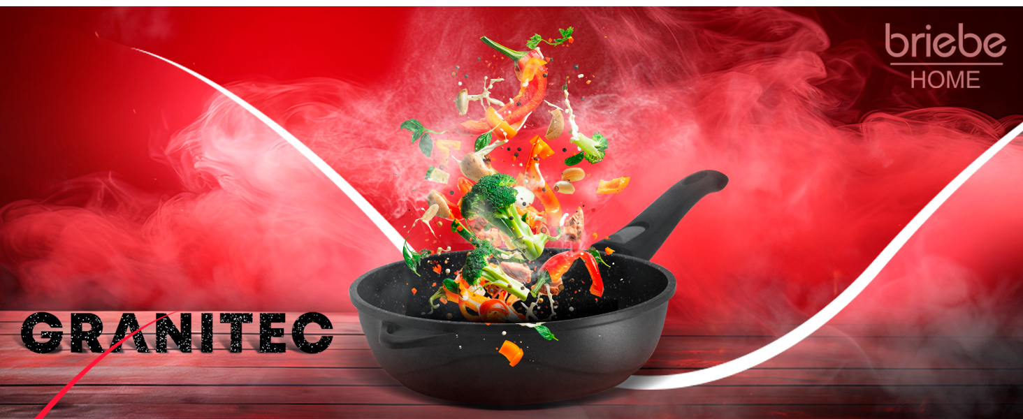 Набір посуду Induktion BRIEBЕ 12-ти частинний: 4 казани з алюмінію, 2 сковорідки з антипригарним покриттям ILAG GRANITEC (без PFOA), кришки зі скла, рукавички з силікону. Підходить для індукційних, газових плит та духовки.