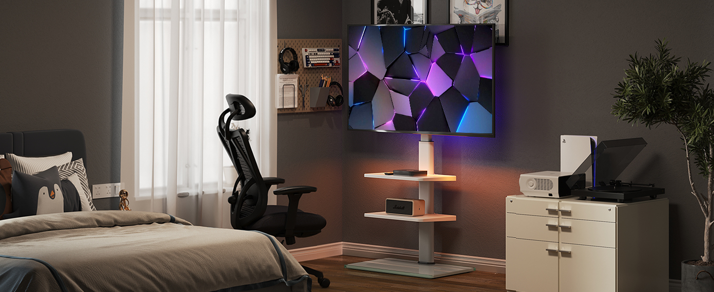 Підставка для телевізора FITUEYES біла, на підлогу, поворотна, регульована по висоті, для телевізорів 32-60 дюймів (плоских та curved), до 30 кг, VESA 600x400