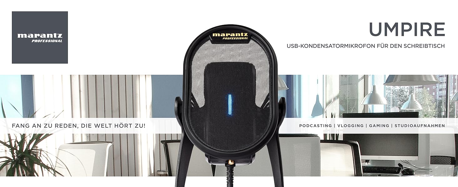 Мікрофон конденсаторний Marantz Professional MPM-1000U з великою мембраною, USB, з нирковою характеристикою для подкастів, студії, геймінгу, з кабелем USB та кліпсою для мікрофона