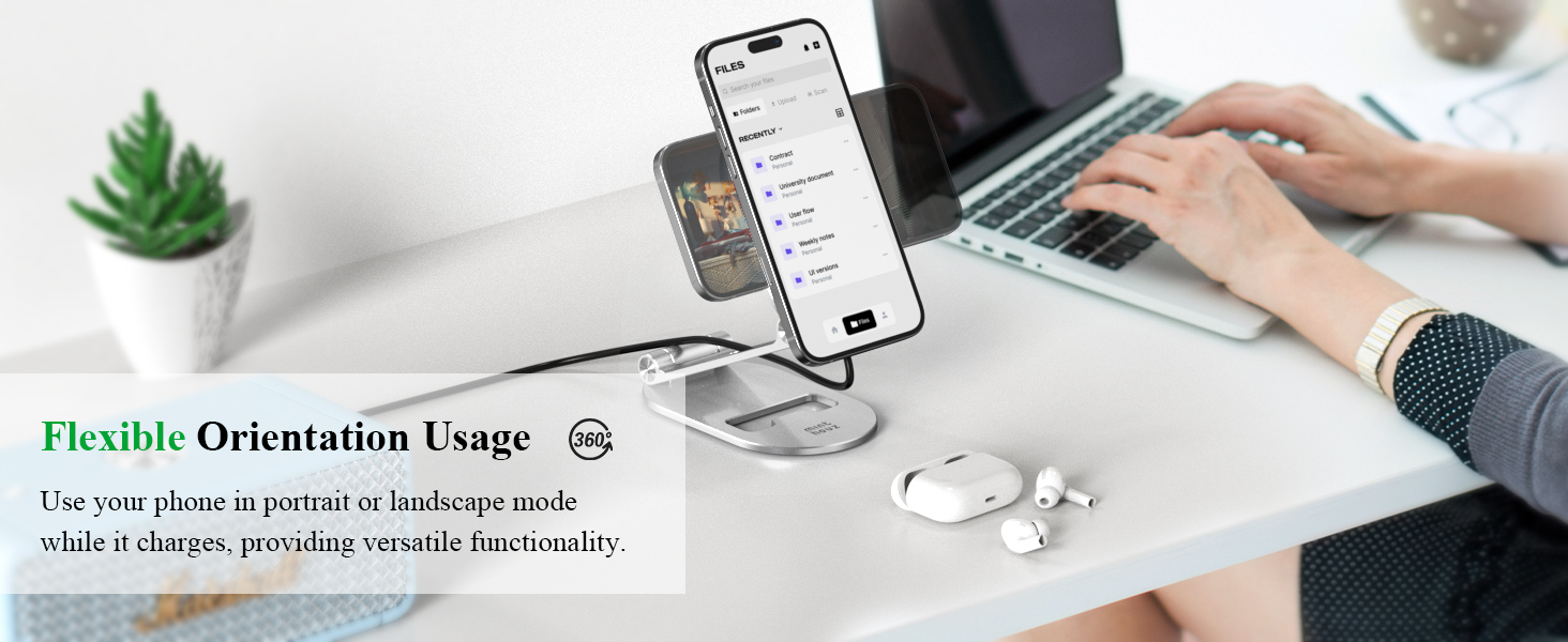 Магнітна бездротова зарядна станція Minthouz 20W USB-C: регульована підставка з алюмінію для iPhone 16, 15, 14, 13, 12 та AirPods Pro