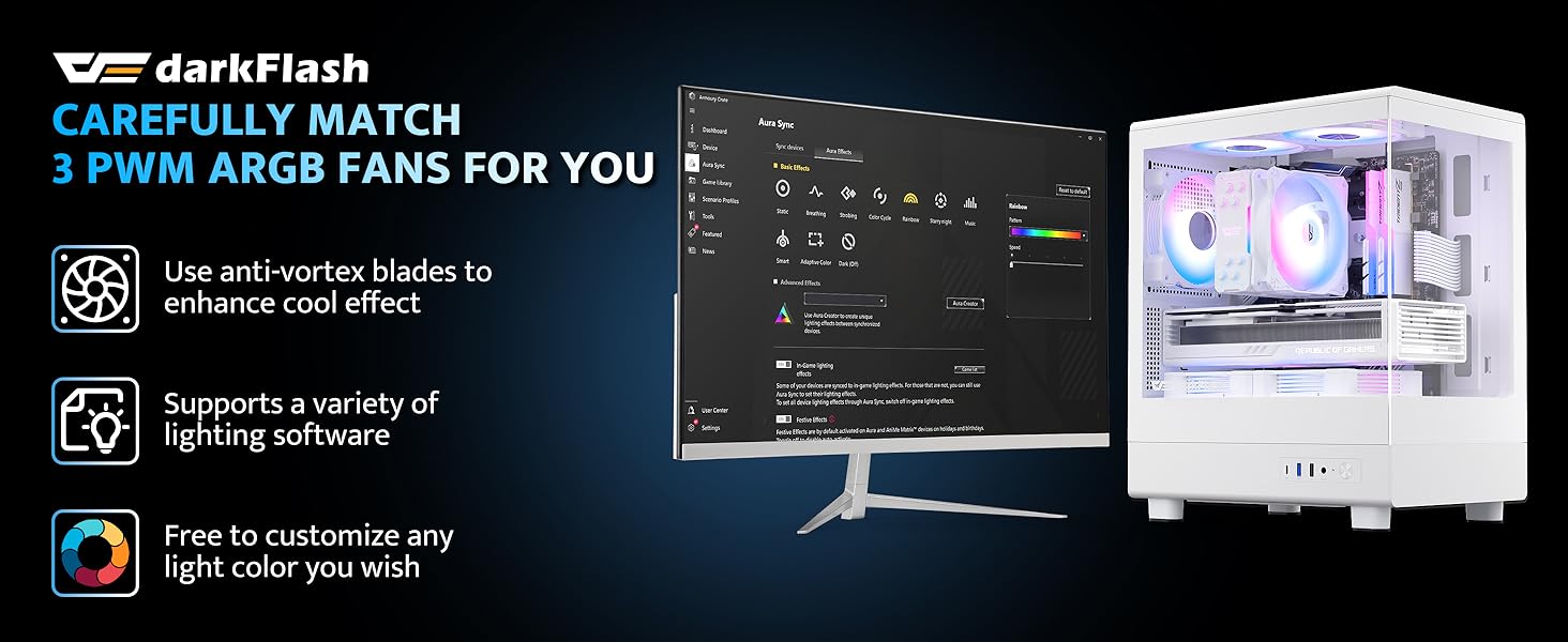 Корпус для ПК DarkFlash DB330M Micro-ATX з 3 RGB вентиляторами, скляний, підтримка AIO 240мм, Type-C, білий