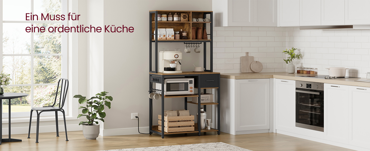 Стелаж кухонний VASAGLE з розетками, 40 x 100 x 180,4 см, з полицями, ящиком з тканини, 12 гачками, антрацитовий + чорний, KKS027B02