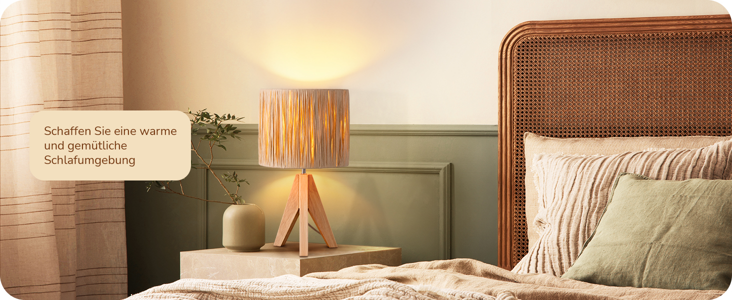 EDISHINE Настільна лампа з ручним плетінням, тепле світло 2700K, з дерев'яною підставкою, Boho стиль, для спальні, вітальні, готелю, з LED лампою E27 4W (рафія)