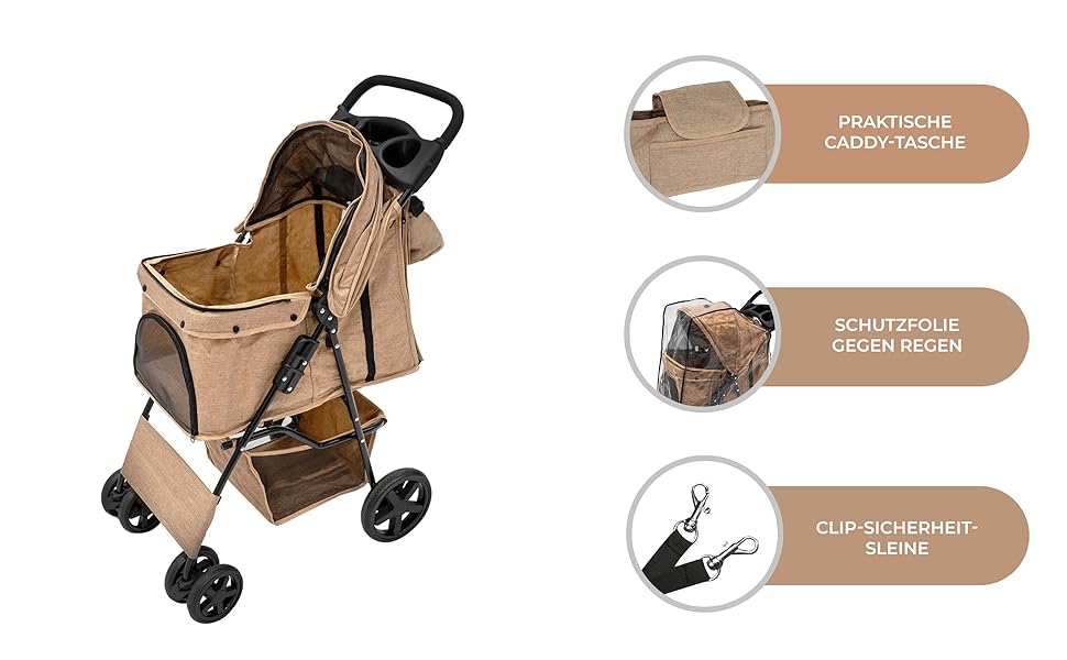 Візок для тварин Monster Shop з сумкою, знімний, складний, вантажопідйомність 15 кг, колеса, гальма, сітчасте вікно, кошик, тримач для напоїв, кишені та водовідштовхуючий дощовик (Бежевий)